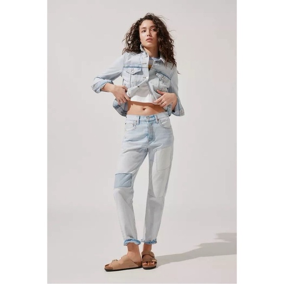 LEVIS 501 Crop Light Wash Patchwork Denim High-Rise Straight-Leg Jeans - Picture 5 of 12